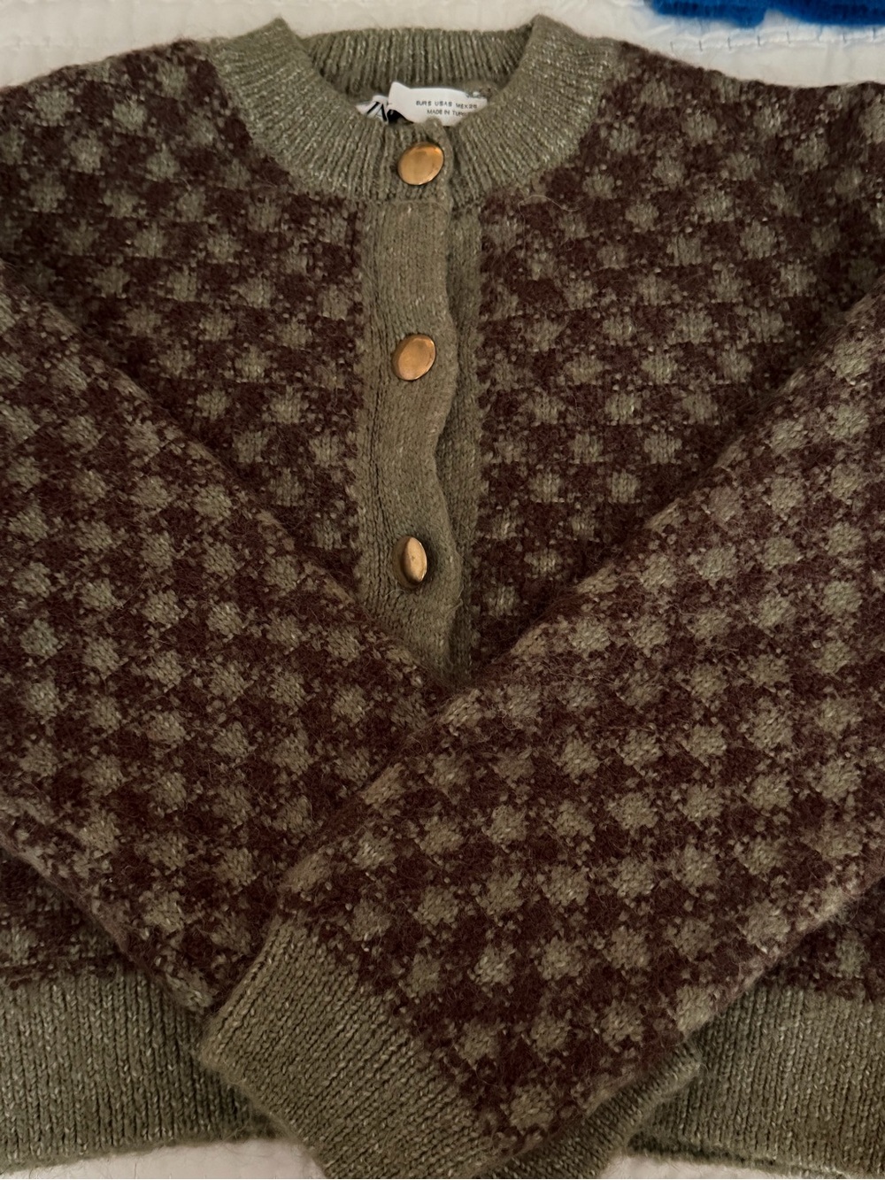 Zara Olive & Brown Diamond-Pattern Bomber Cardigan Jacket - Picture 2 of 5